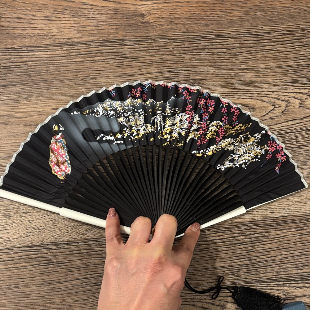 Elegant Japanese Black Floral Hand Fan featuring Japanese landscape & geisha